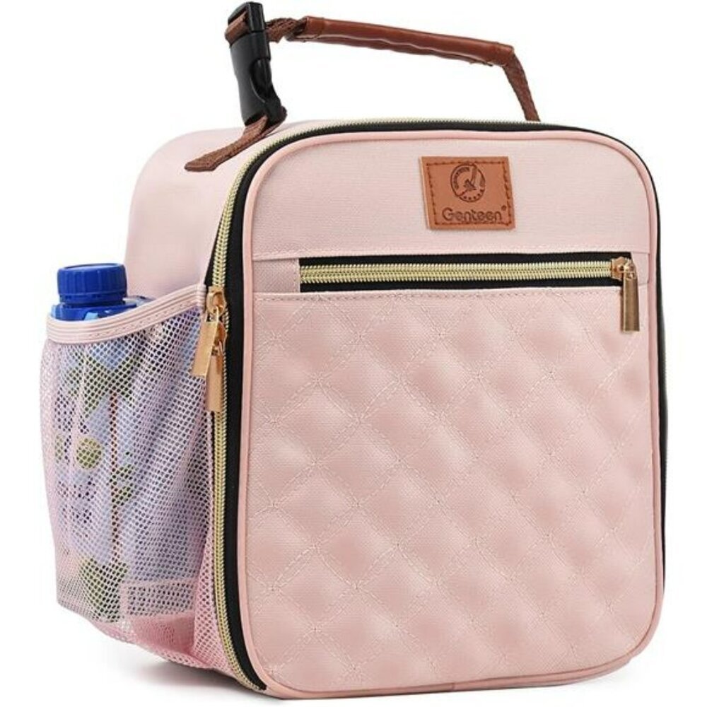 Light Pink Insulated Lunch Box with Bottle Holder Small Cooler Bag for Work Scho